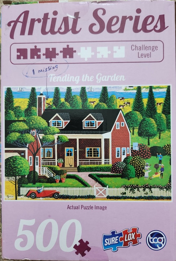 A folk art style painting of a red house with a garden, surrounded by trees and a yellow field by the sea.