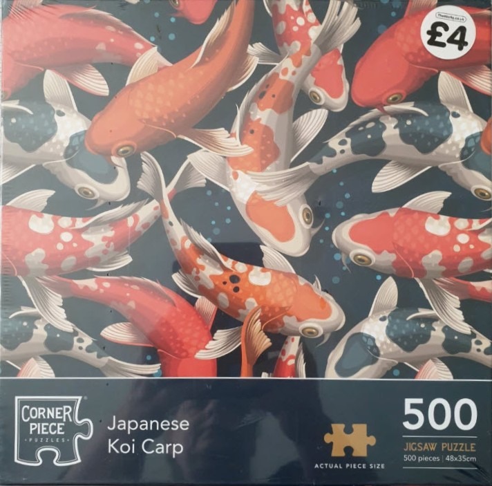An illustration of multiple koi fish swimming in a pattern against a dark background.