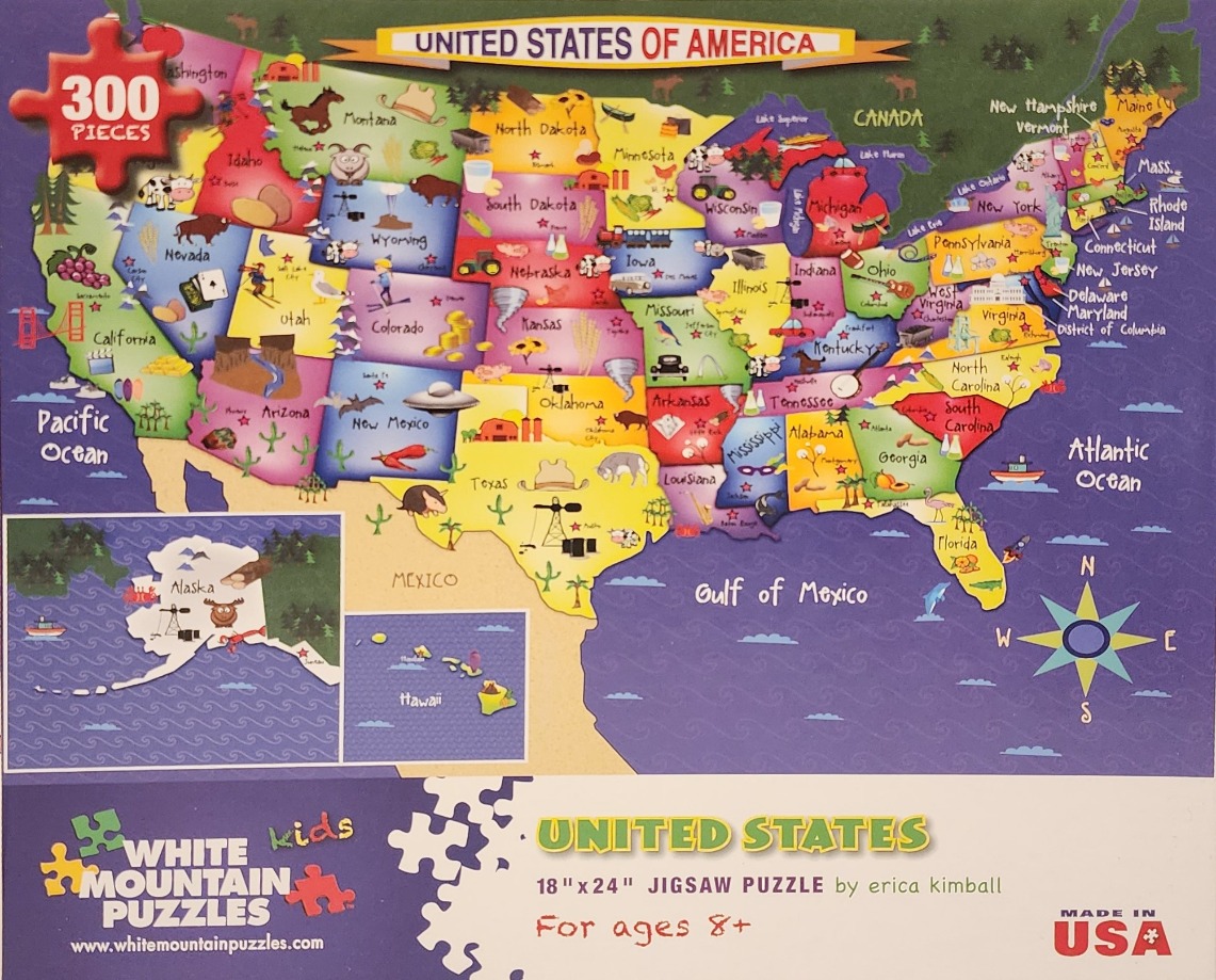 A colorful, illustrated map of the United States featuring iconic symbols for each state.