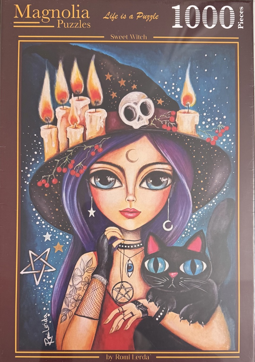 Illustration of a witch with purple hair and large blue eyes holding a black cat, wearing a hat decorated with candles.