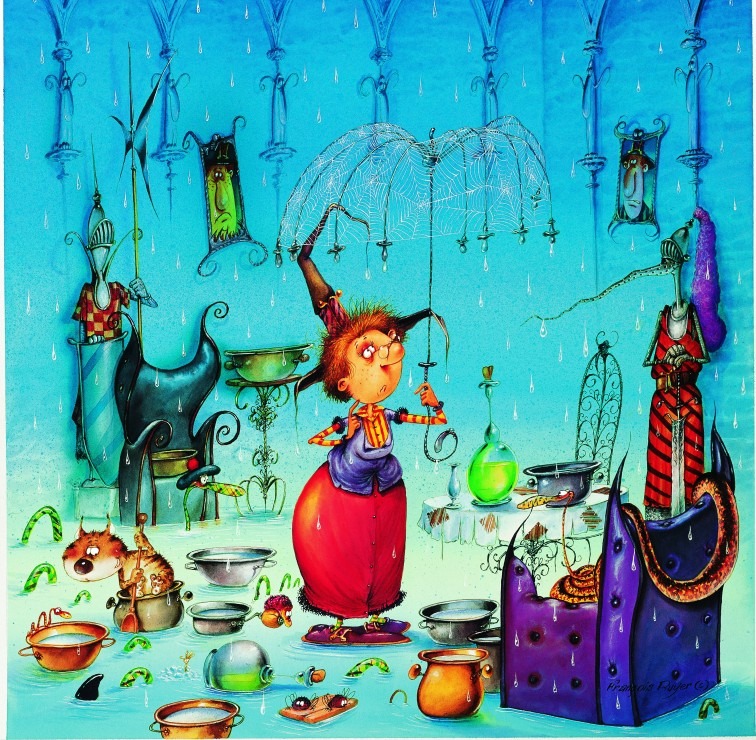 A whimsical illustration of a red-haired woman standing in a flooded room under a cobweb umbrella.
