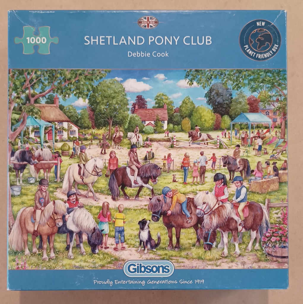 An illustration of children riding and grooming Shetland ponies in a bustling village park setting.