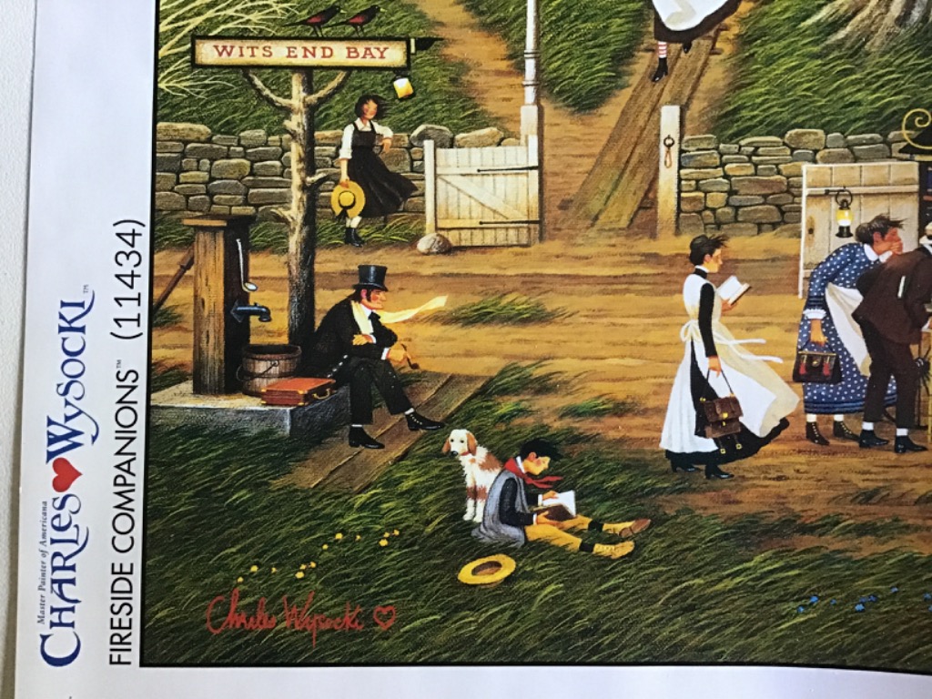 People in 19th-century attire gathered near a village gate labeled Wits End Bay.