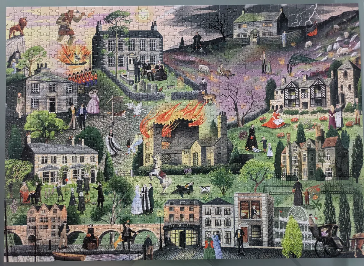 A whimsical illustration of a bustling town with historical houses, fires, and various characters in period clothing.