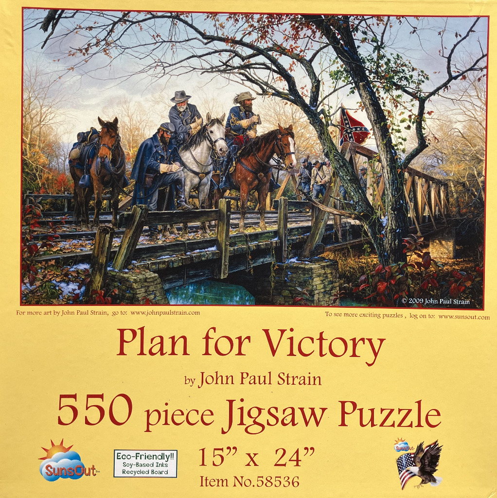 A painting of Civil War soldiers on horseback consulting a map on a wooden bridge in autumn.