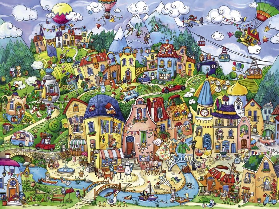 A vibrant, whimsical cartoon town filled with colorful buildings, anthropomorphic animals, and whimsical transport.