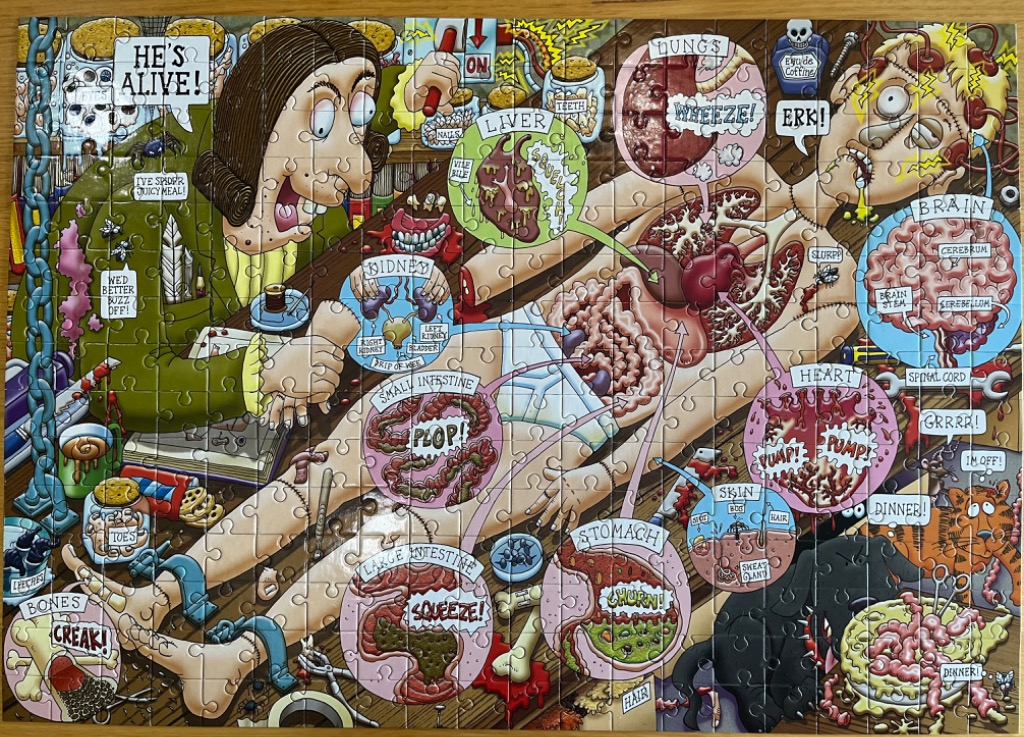 Cartoon illustration of a mad scientist assembling a person, with labeled anatomical diagrams.