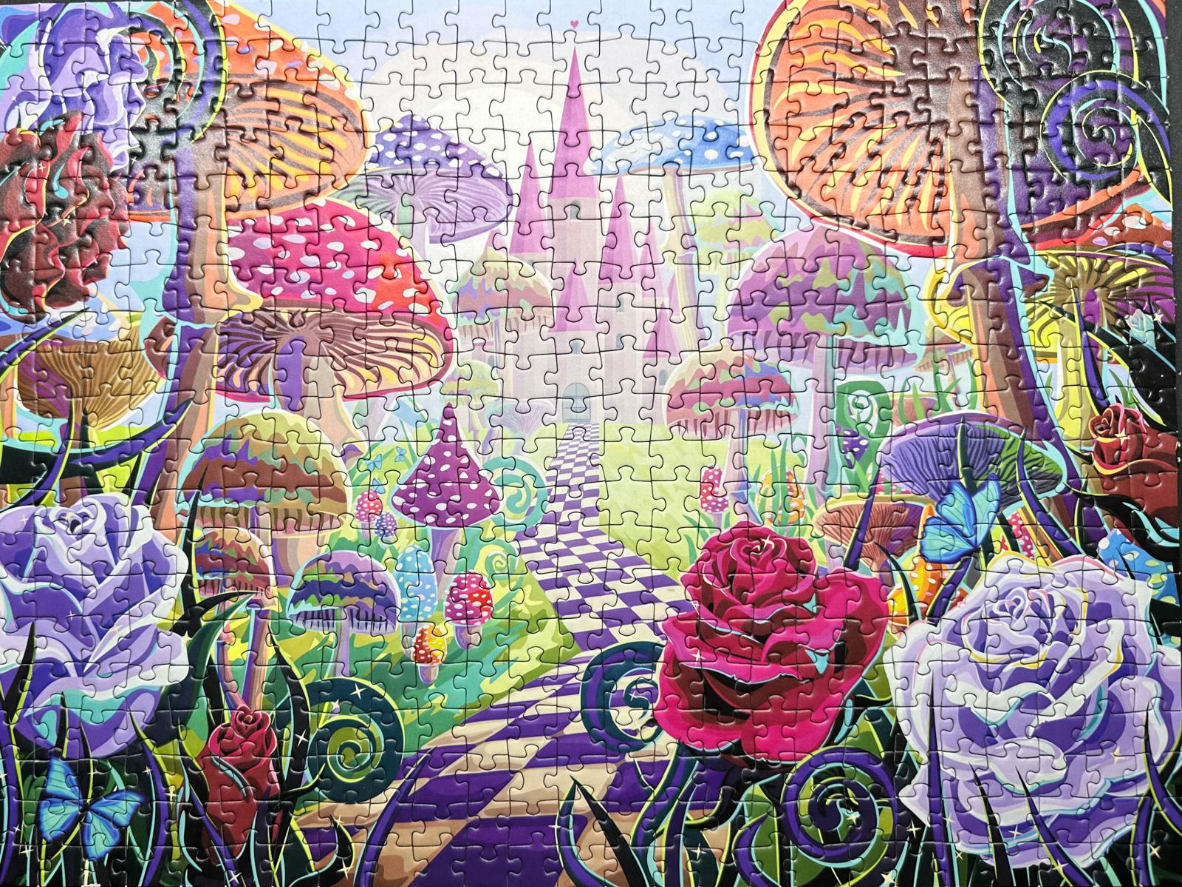 A fantasy illustration of a checkered path leading to a pink castle surrounded by oversized, colorful mushrooms and roses.