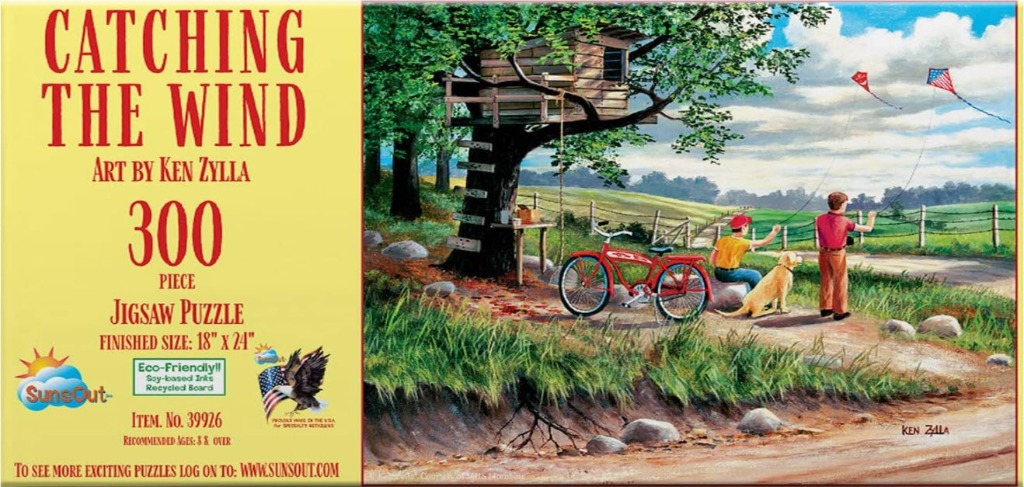 Two children and a dog flying kites near a treehouse on a sunny day in an illustration style.