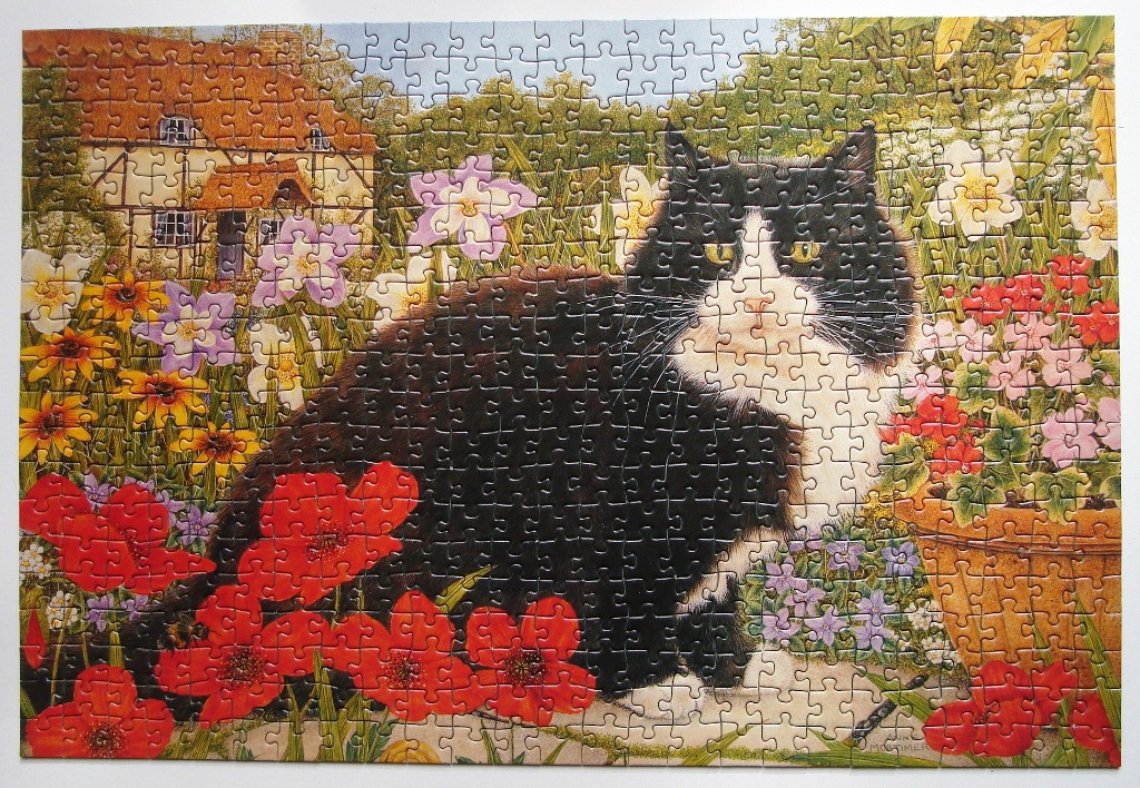 A black and white cat sitting in a vibrant cottage garden with a small stone cottage in the background.