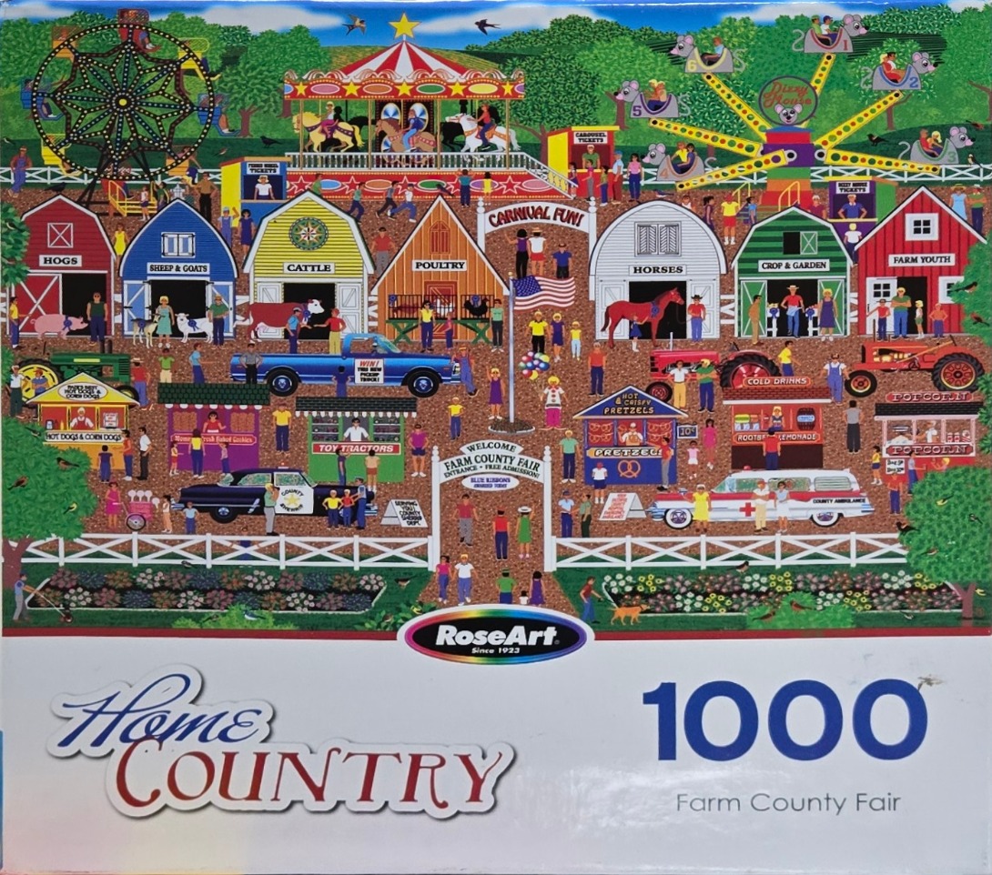 A whimsical illustration of a busy farm county fair featuring barns, carnival rides, and fairground stalls.