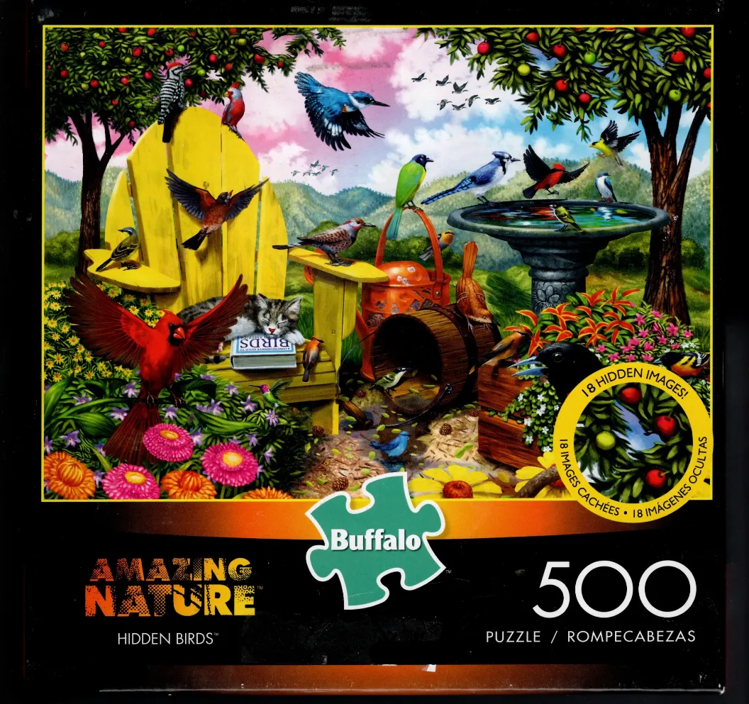 An illustration of a garden filled with numerous colorful birds around a yellow adirondack chair and birdbath.