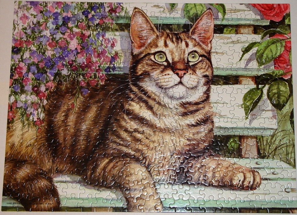 A detailed illustration of a tabby cat resting on a garden bench surrounded by flowers.