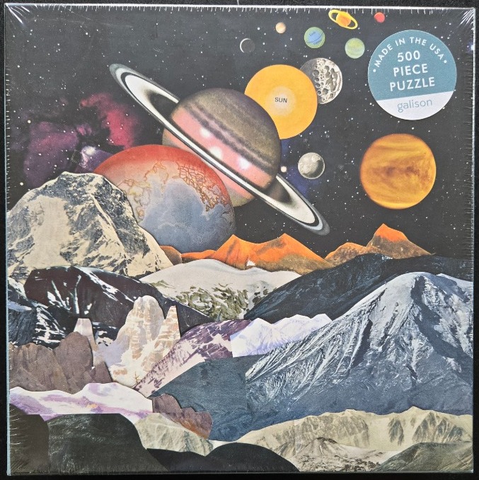 A surreal collage depicting a mountainous landscape set against a deep space scene with various planets.