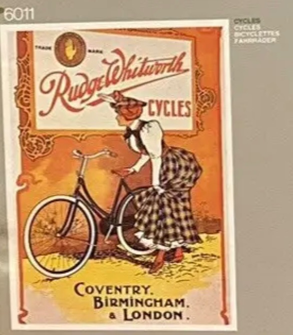 Vintage illustration of a woman in a plaid skirt leaning over a bicycle against an orange background.