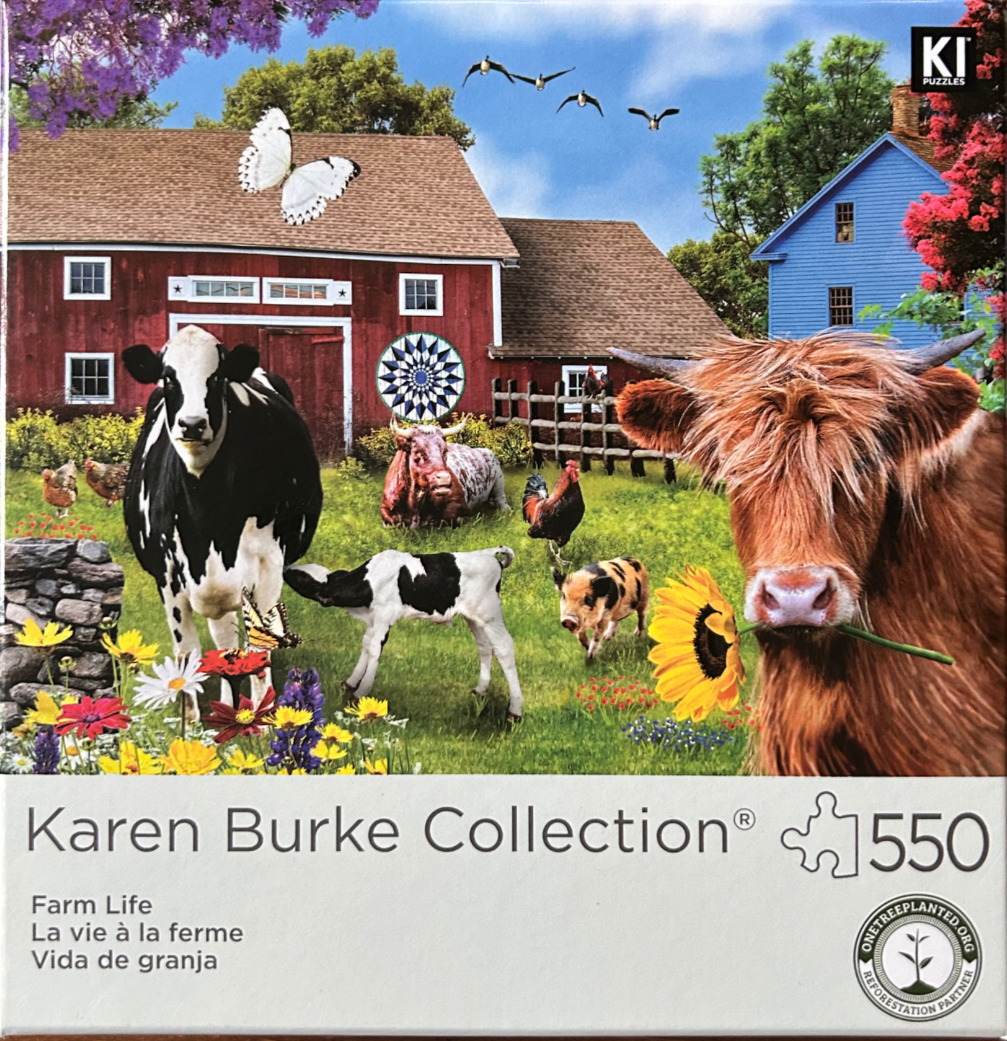 A rural farm scene with a Highland cow, a black-and-white cow, a calf, and other farm animals in front of a red barn.