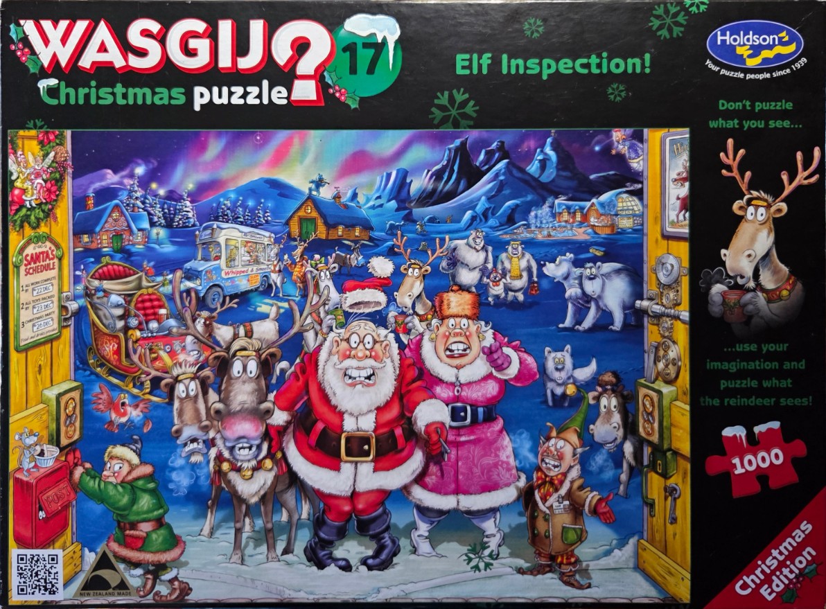 A comedic cartoon illustration of Santa, Mrs. Claus, and various reindeer and arctic creatures in a snowy landscape.