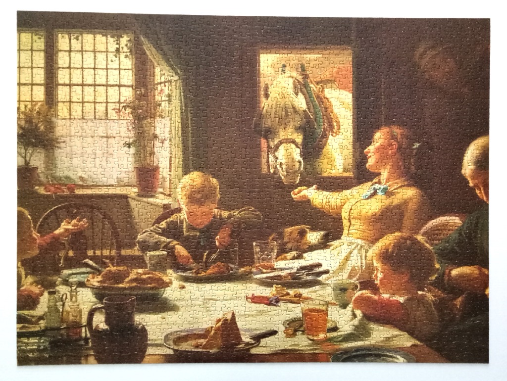 A warm, painterly scene of a family eating a meal in a sunlit farmhouse kitchen.