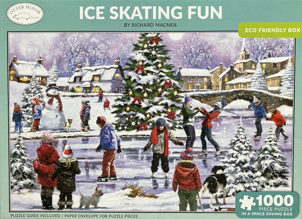A snowy village scene with children ice skating around a brightly lit Christmas tree.
