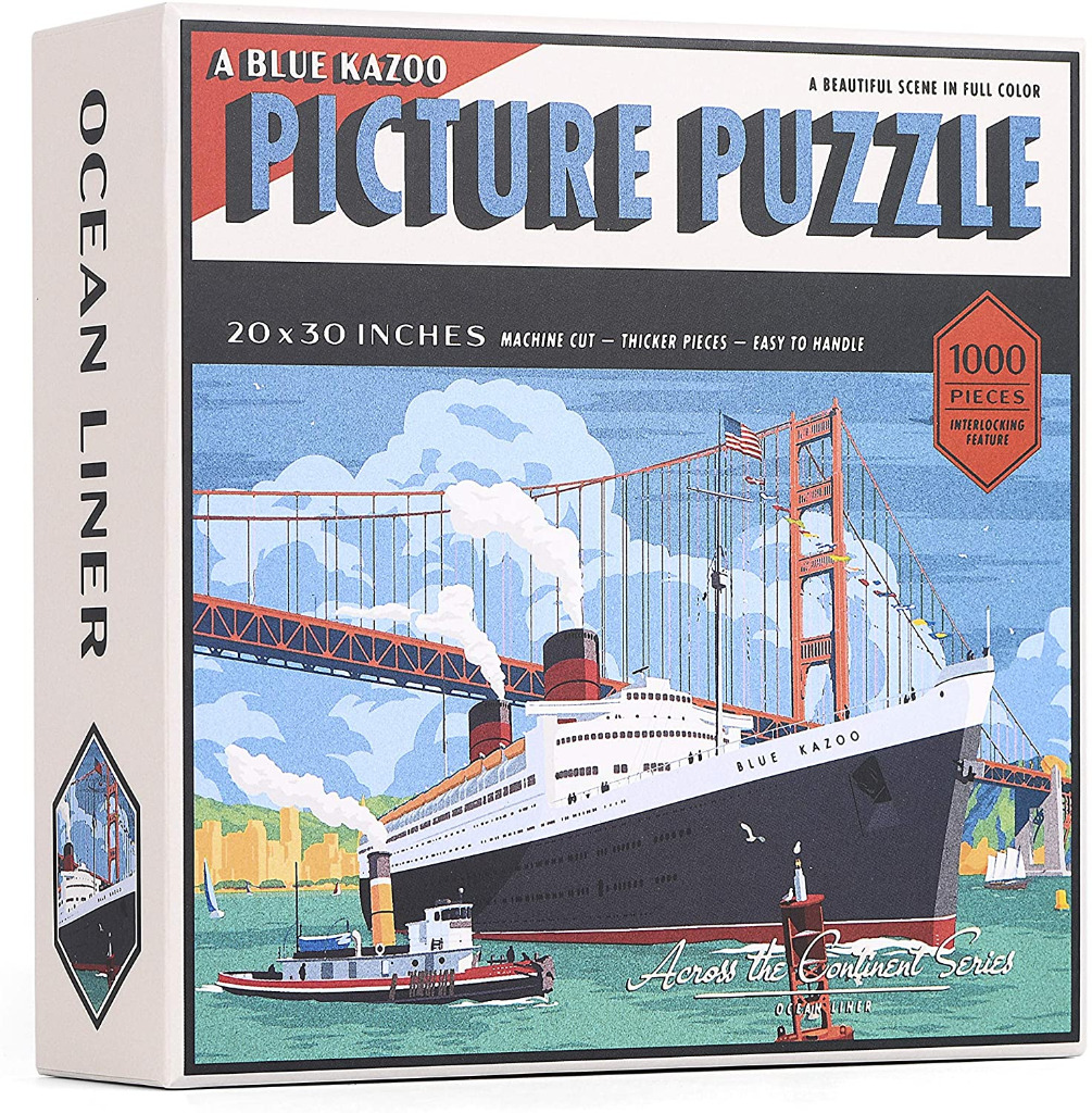 Illustration of an ocean liner passing under the Golden Gate Bridge