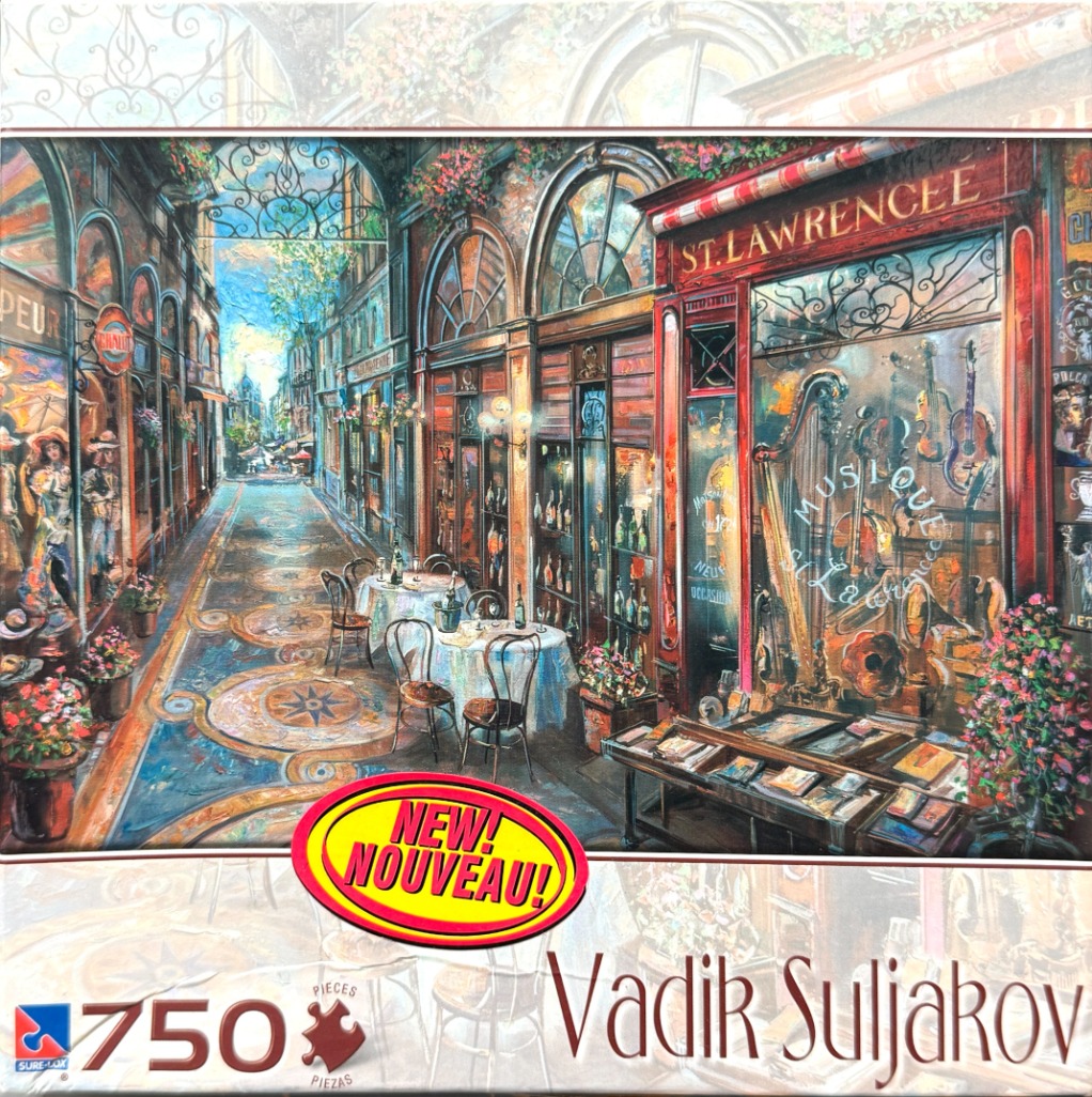 Impressionist painting of a European street scene with a music shop and outdoor cafe tables.