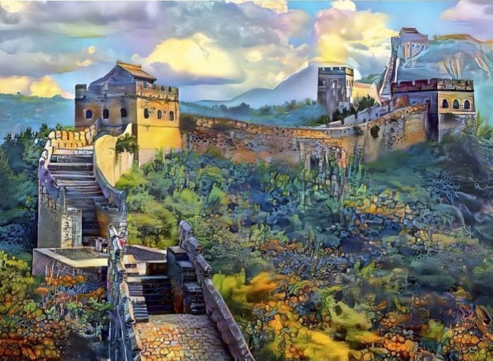 A painterly depiction of the Great Wall of China winding through lush, hilly terrain under a dramatic, cloudy sky.