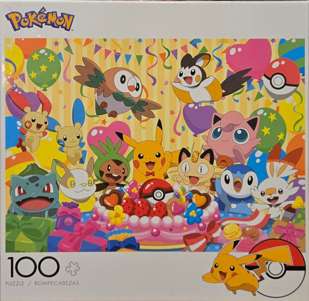 A colorful celebratory scene featuring many cartoon characters from a popular franchise at a birthday party.