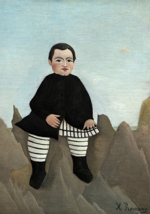 A naive-style painting of a child with dark hair in a black coat and striped leggings sitting on a jagged rock formation.