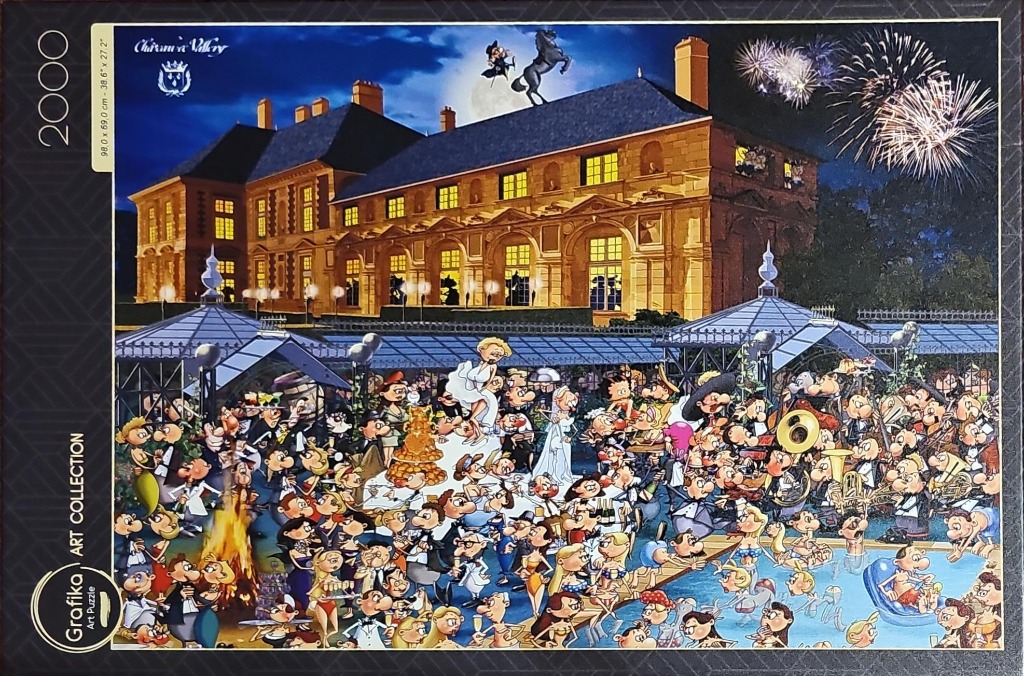 Cartoon illustration of a lively wedding party at night in front of a grand chateau with fireworks in the sky.