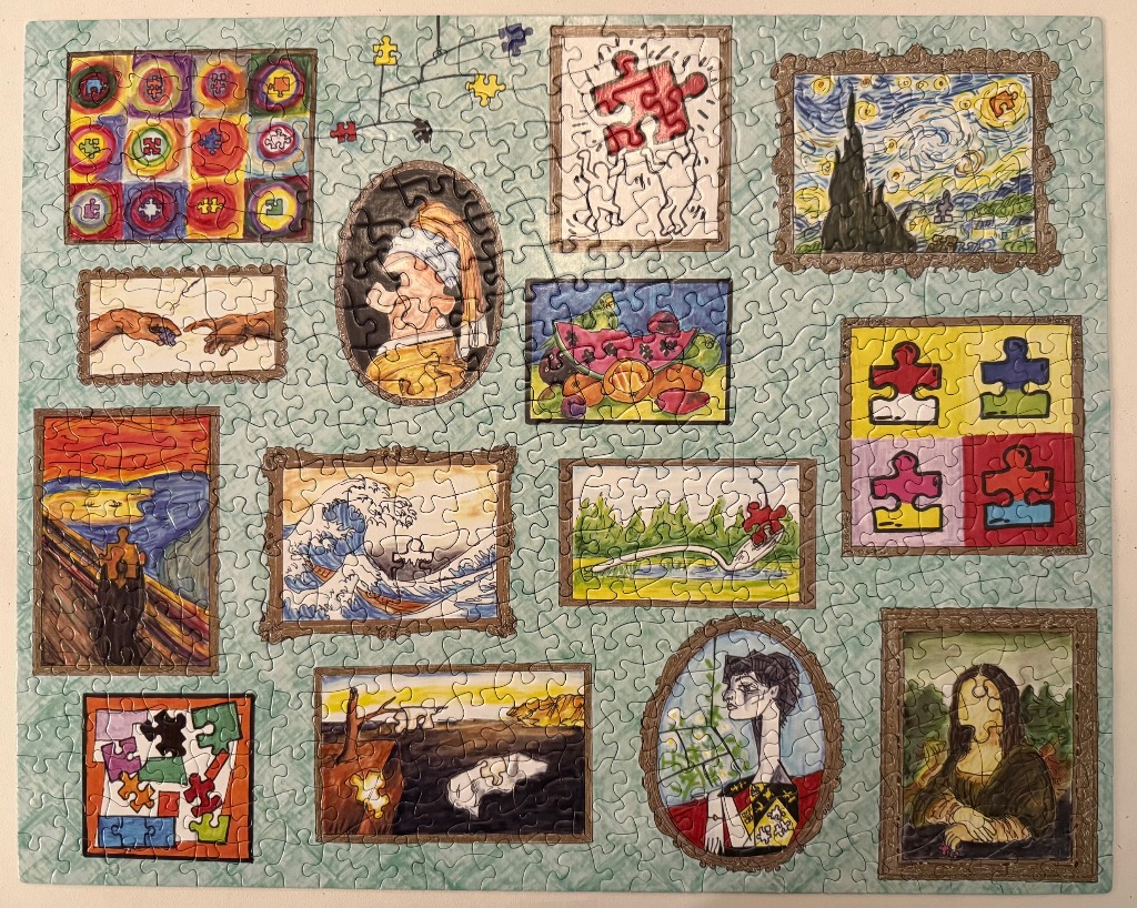 A gallery wall illustration featuring pastiches of famous art masterpieces incorporating jigsaw puzzle motifs.