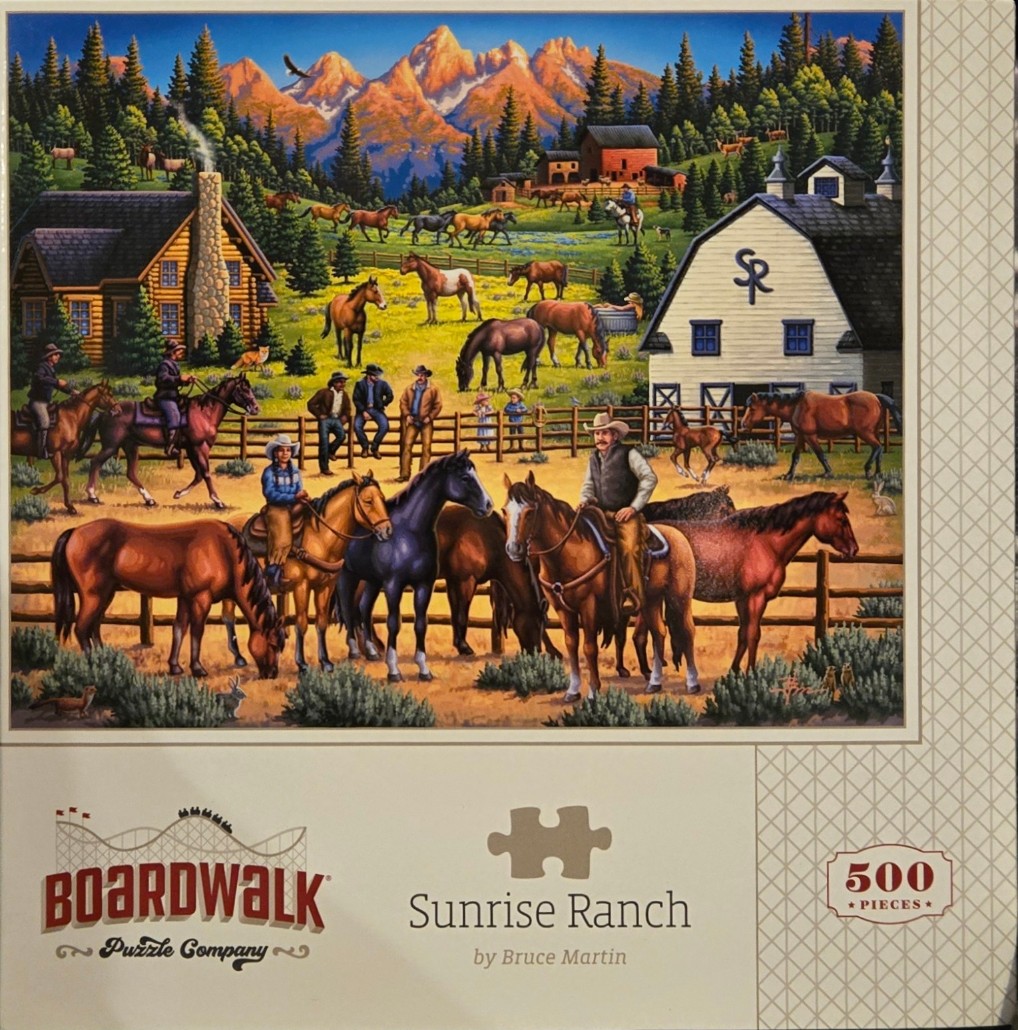 An illustration of a bustling western ranch at sunrise with people and horses in a mountain meadow.