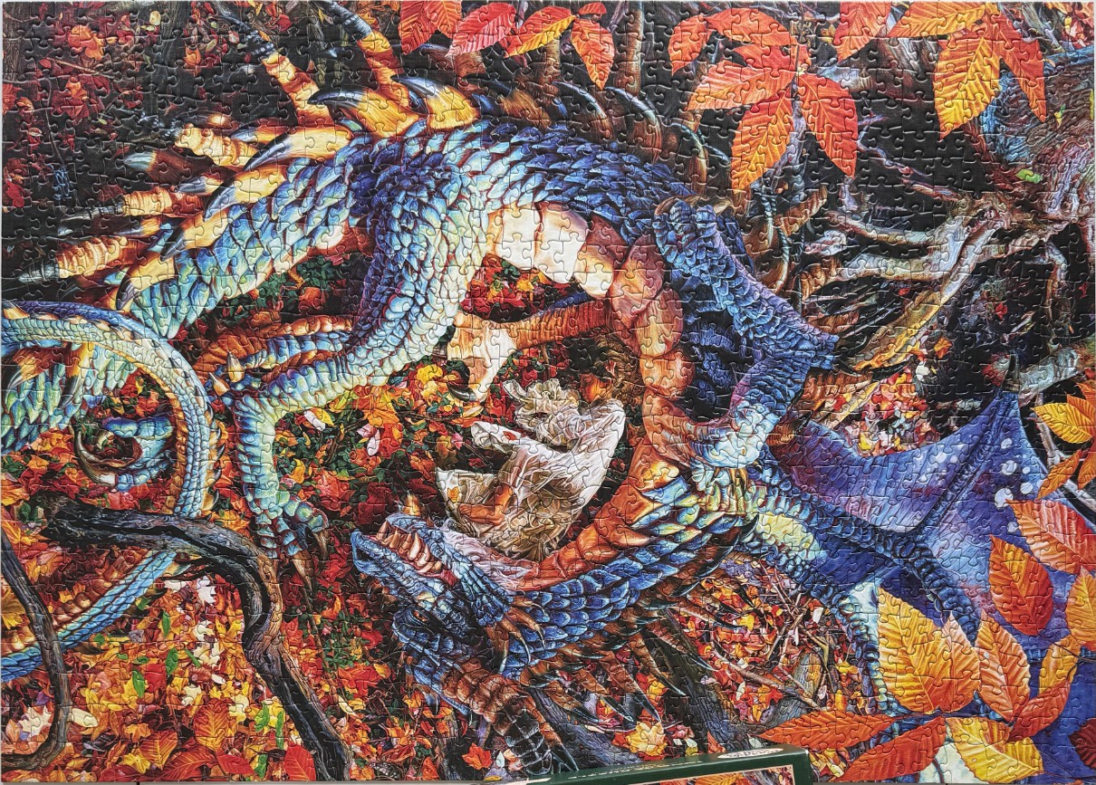 A fantasy illustration of a blue and orange dragon curled around a white rabbit in an autumn forest.