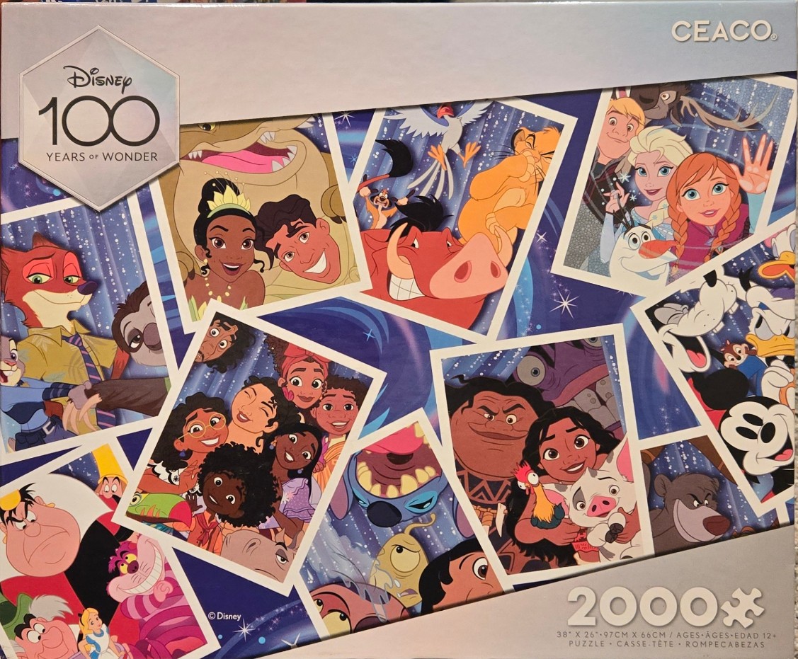 A collage of various Disney animated characters arranged in overlapping picture frames against a starry blue background.