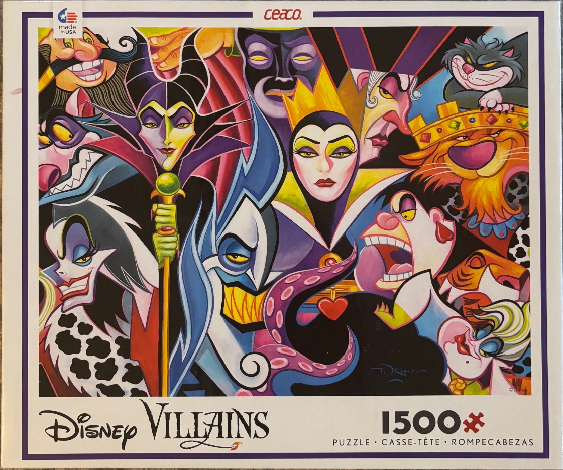 A montage of stylized Disney villains including Maleficent, Cruella de Vil, Ursula, and Hades.