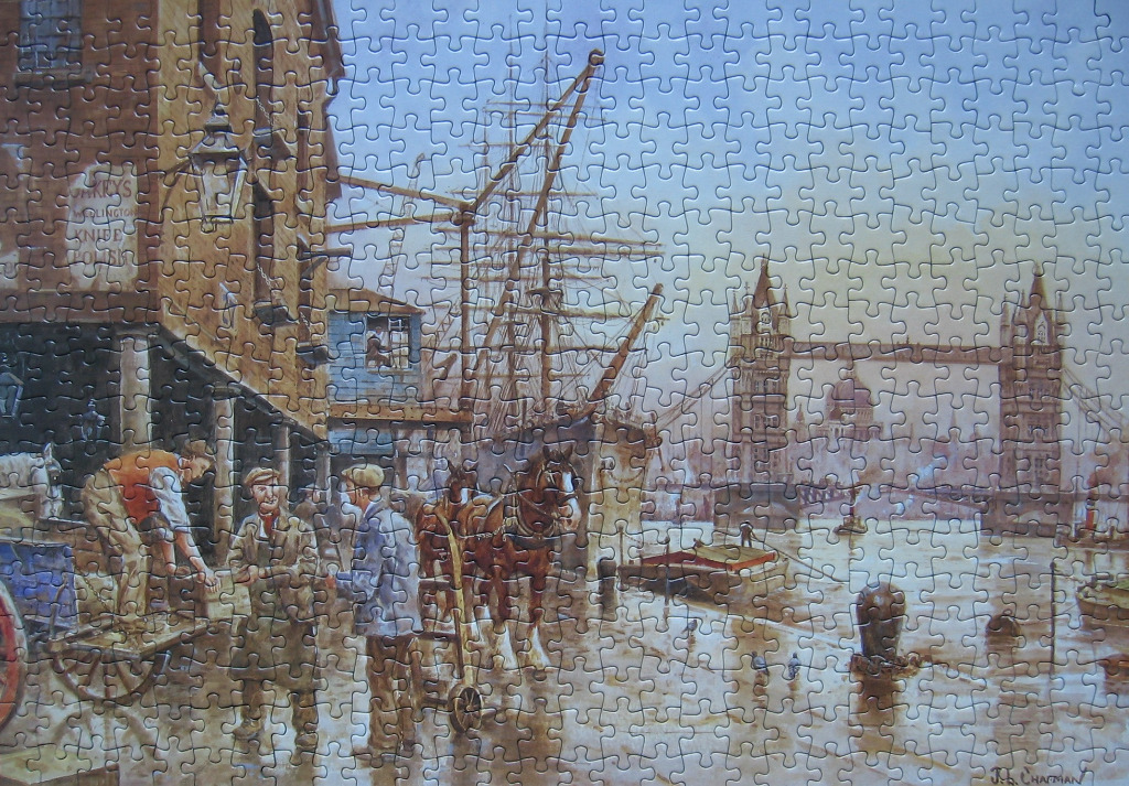 Historical London riverside scene featuring workers, a horse and cart, a tall ship, and Tower Bridge in the background.