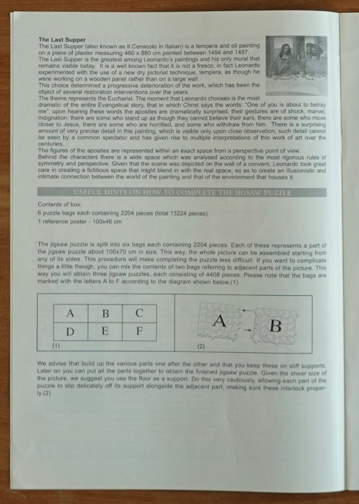 A document page containing text about the Last Supper and assembly instructions for a large project divided into six parts.