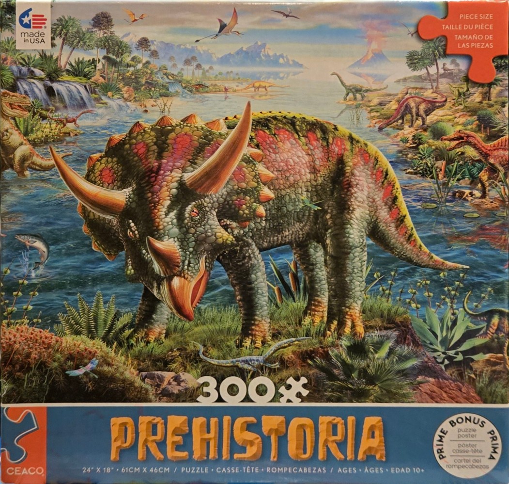 A detailed illustration of a Triceratops standing in a prehistoric landscape with other dinosaurs and a volcano.