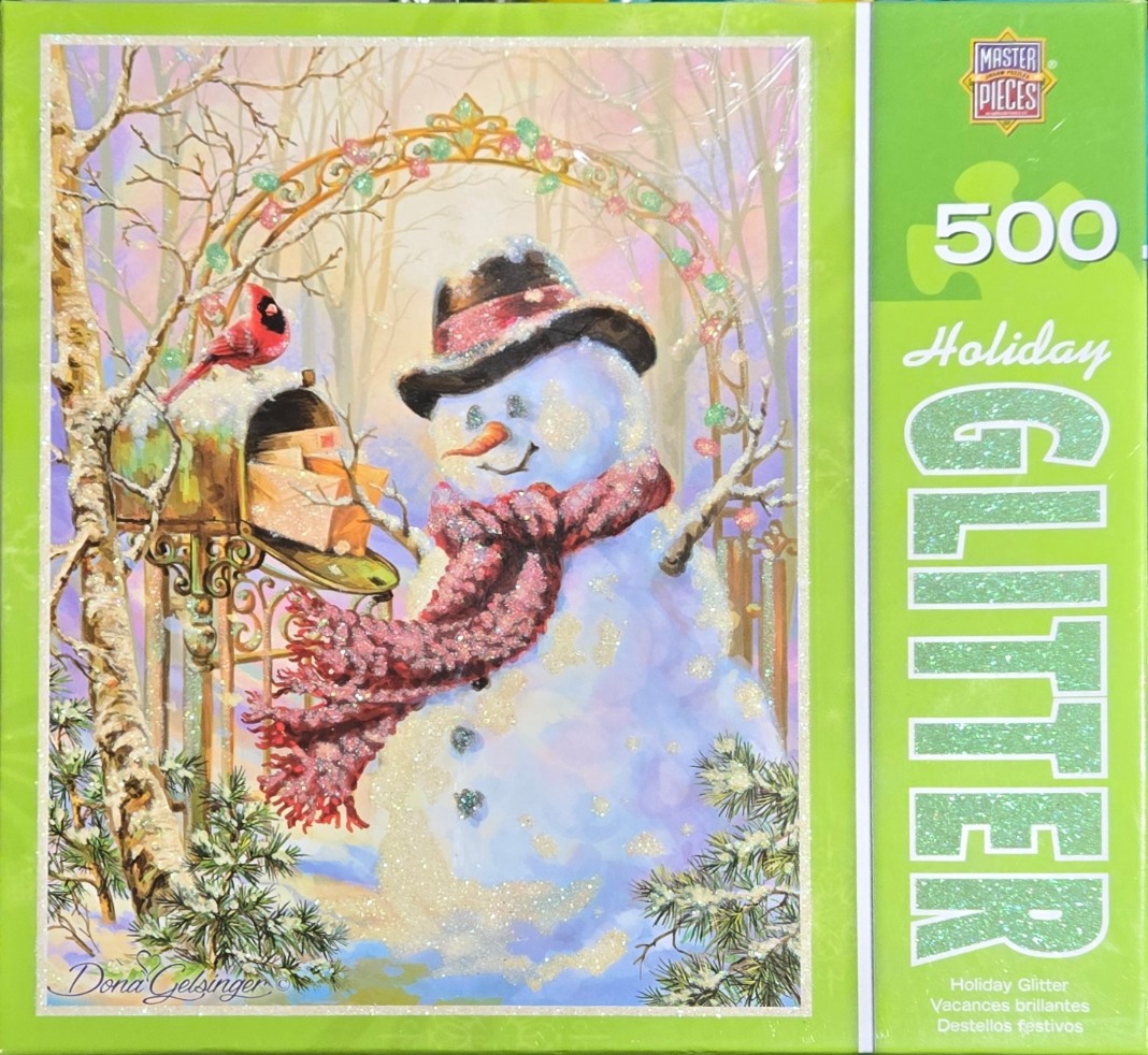 A whimsical illustration of a snowman wearing a hat and scarf next to a mailbox with a cardinal in a snowy garden.