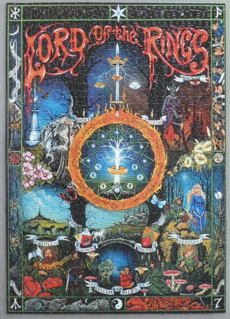 A detailed fantasy illustration featuring characters and symbols from The Lord of the Rings.