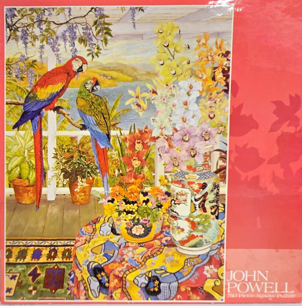 A vibrant painting of two macaws perched on a balcony overlooking a bay, surrounded by lush potted flowers and a patterned ta