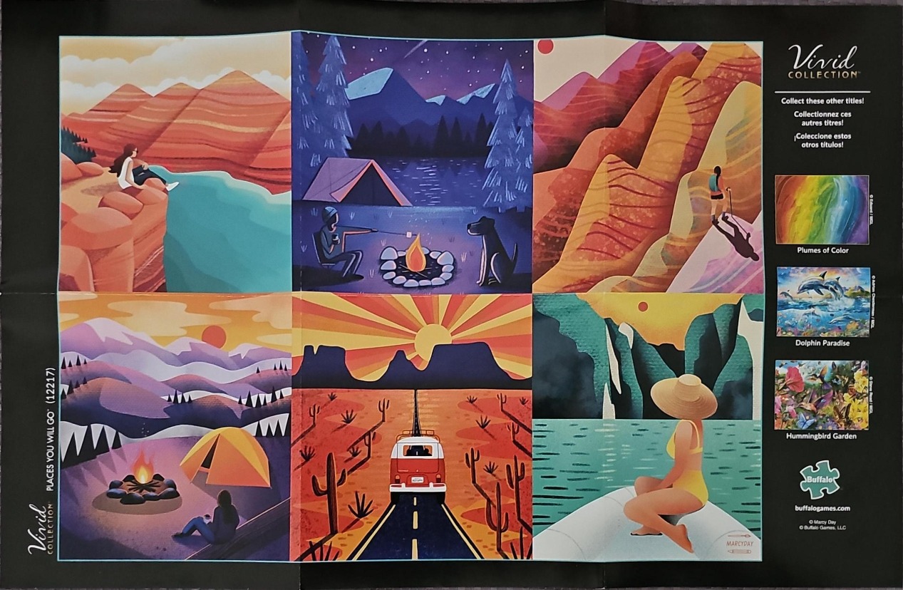 A collage of six stylized landscape illustrations depicting various outdoor travel scenes.