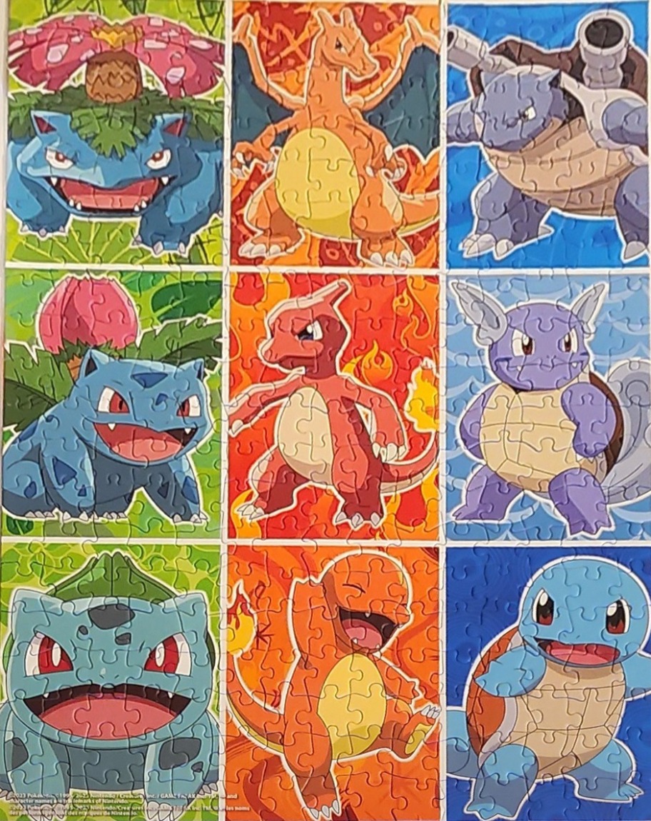 A 3x3 grid illustration of evolving Pokemon: Bulbasaur, Charmander, and Squirtle lines.