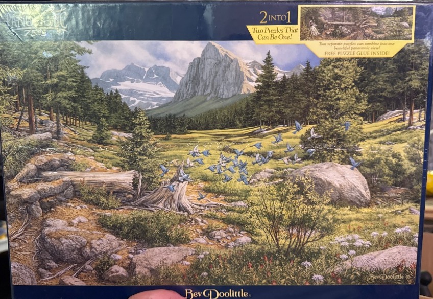 A realistic landscape painting of a mountain meadow with bluebirds flying in the foreground
