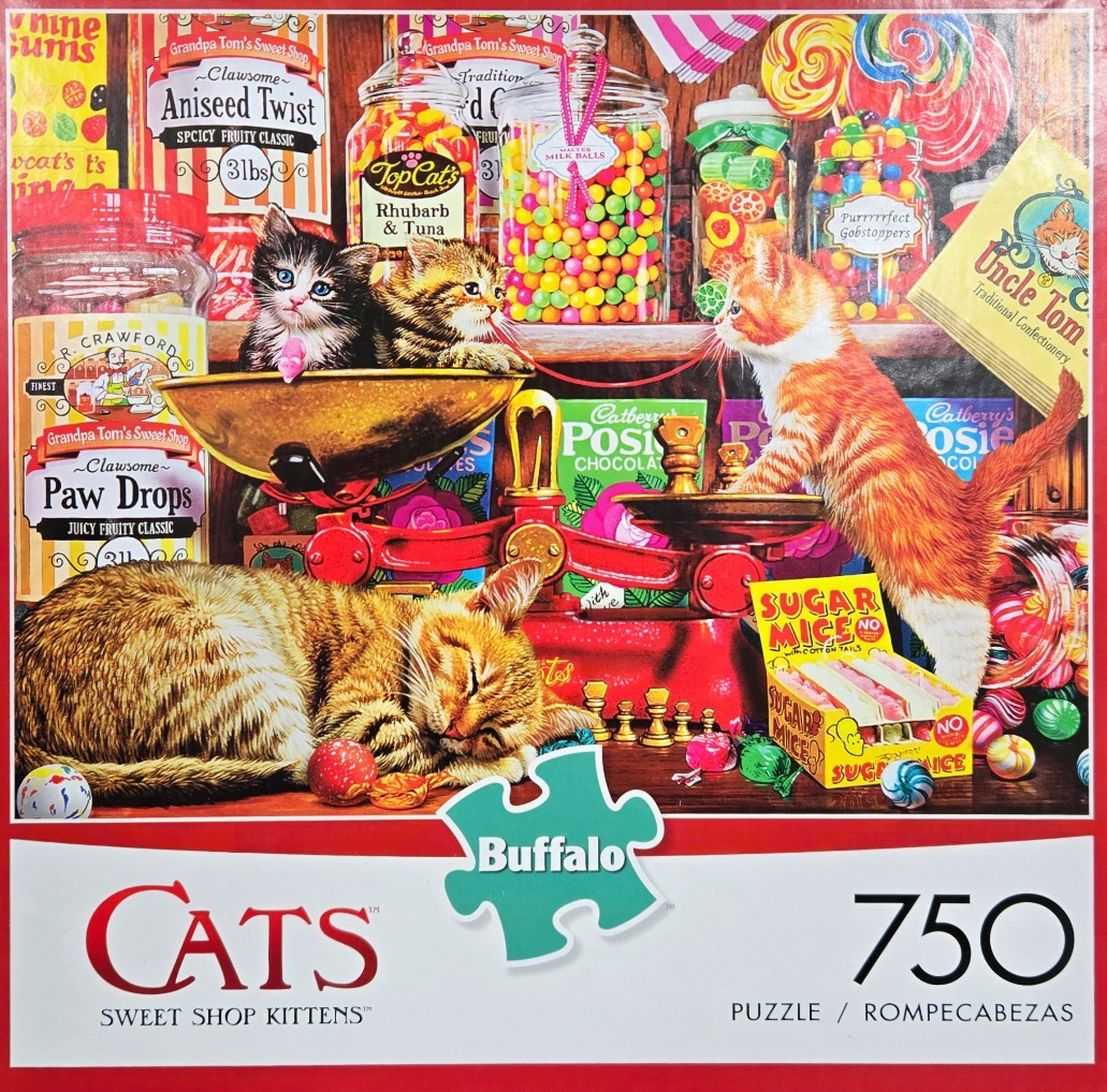 Kittens playing in a vintage sweet shop surrounded by jars of colorful candy