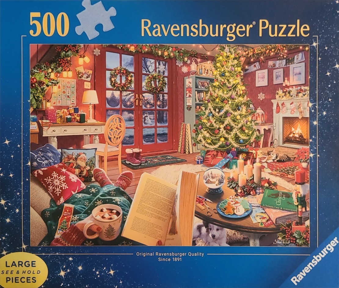 Cozy Christmas living room scene featuring a person reading by a fireplace with a decorated tree.