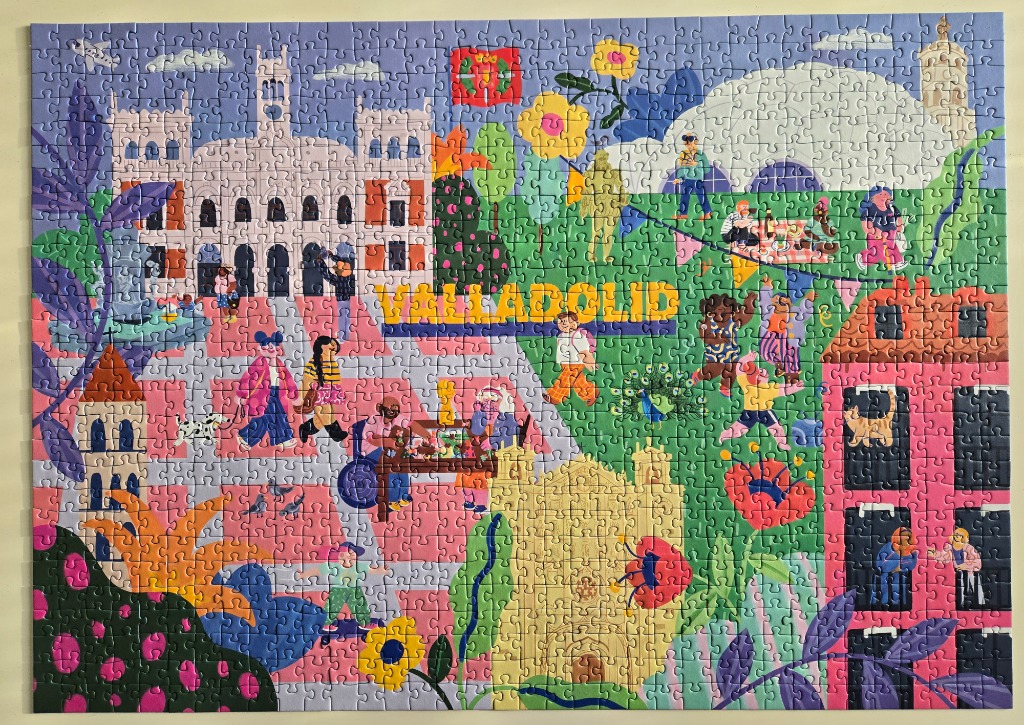 Illustration of Valladolid city landmarks and residents in a vibrant, flat artistic style.