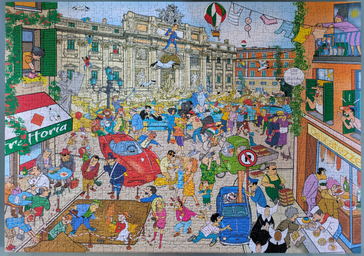 Cartoon illustration of a chaotic day at the Trevi Fountain in Rome with many diverse characters.