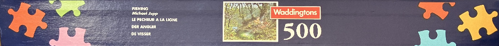 Fishing scene with trees and a river, 500 pieces.