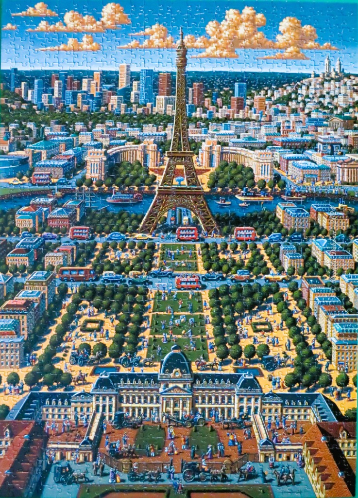 Illustration of Paris featuring the Eiffel Tower over a park and city skyline with retro vehicles.