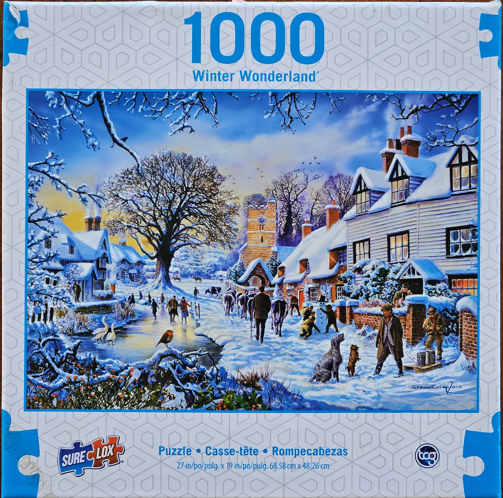 A charming English village scene in winter with snow-covered cottages, people, animals, and a frozen stream at sunset.